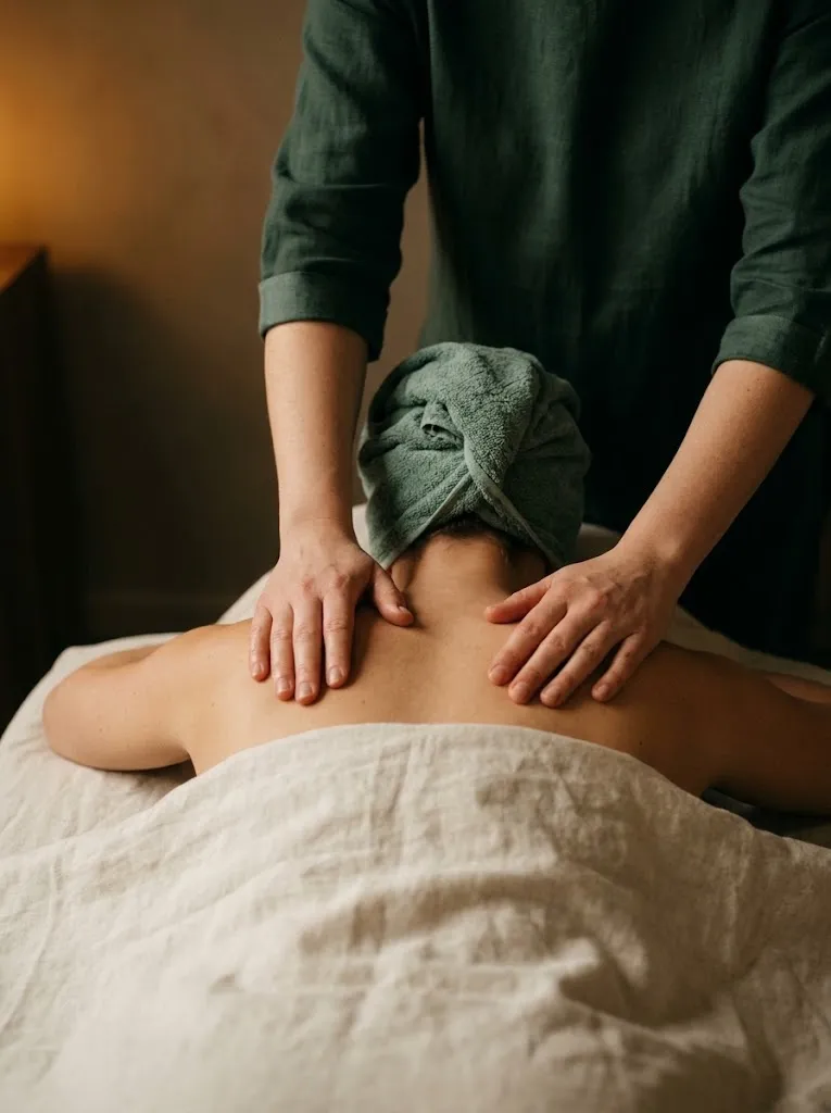 As mãos de um terapeuta pousadas nos ombros de um cliente, luz quente